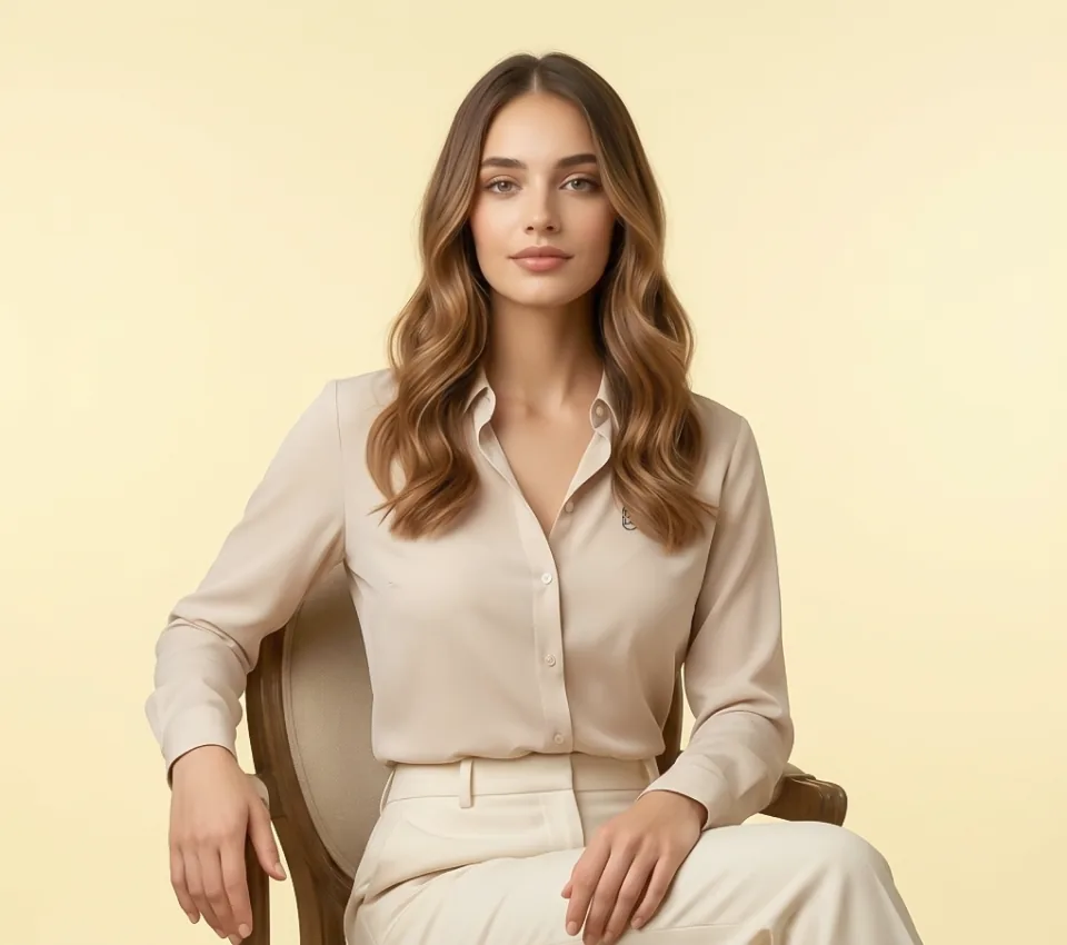 Woman seated in an Edoy stone formal shirt